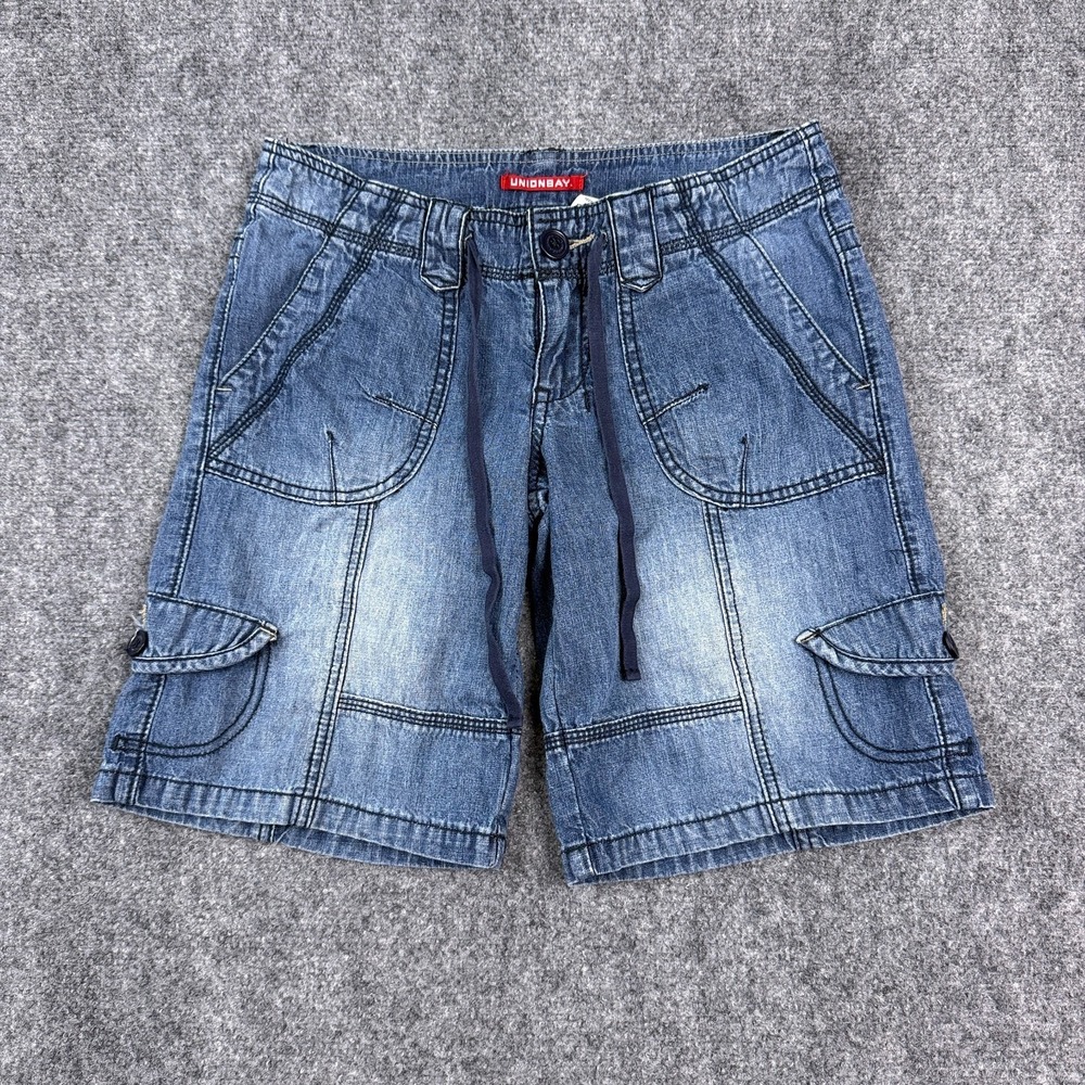 Unionbay Womens Denim Cargo Shorts Size 1 Drawstring Utility Pockets Blue Y2K